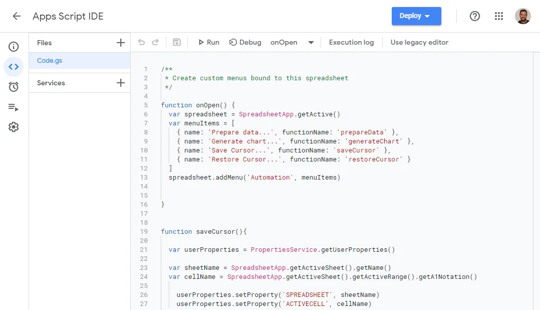 Kodredigeraren i Apps Script