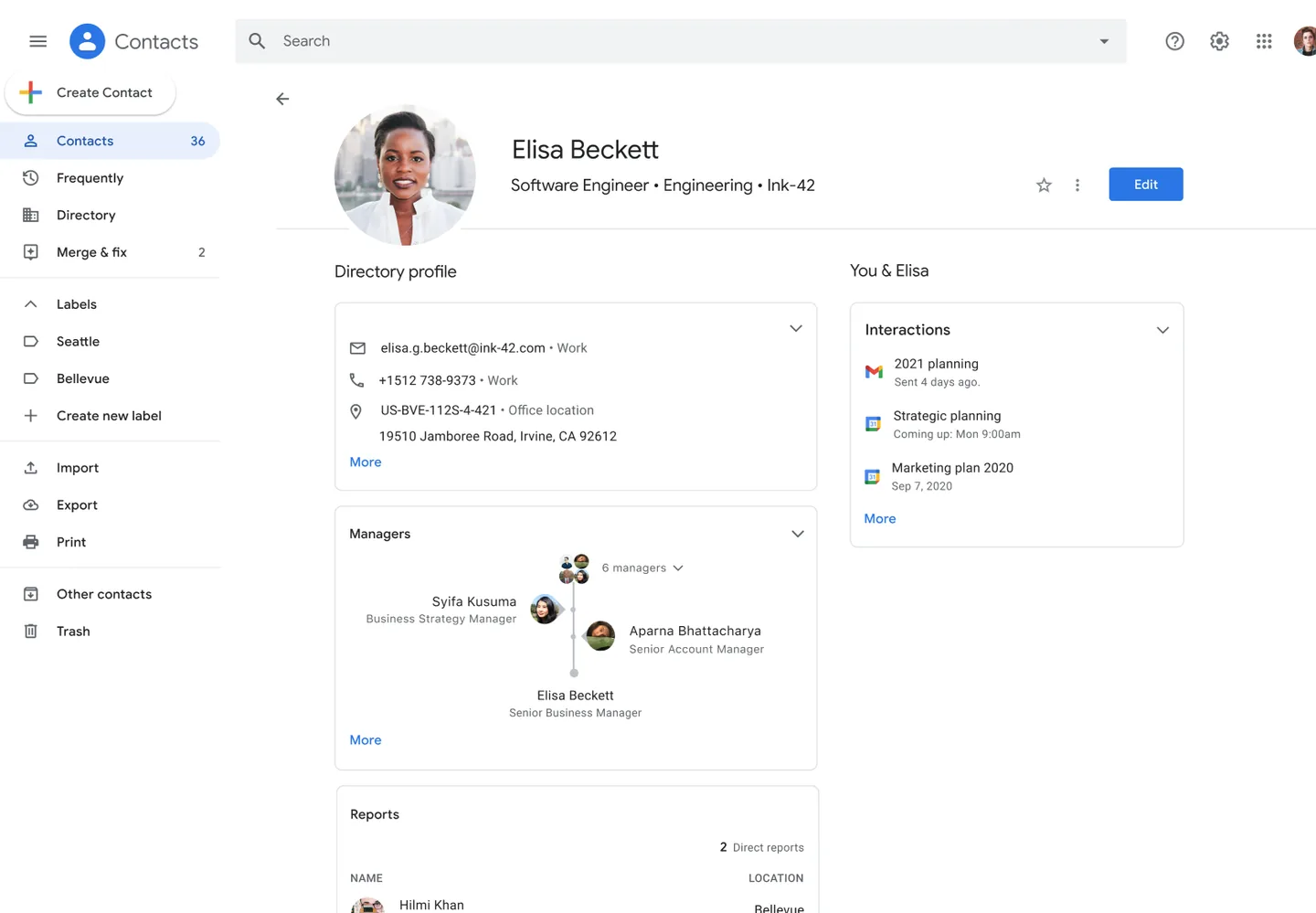 En kontaktprofil i Google Kontakter