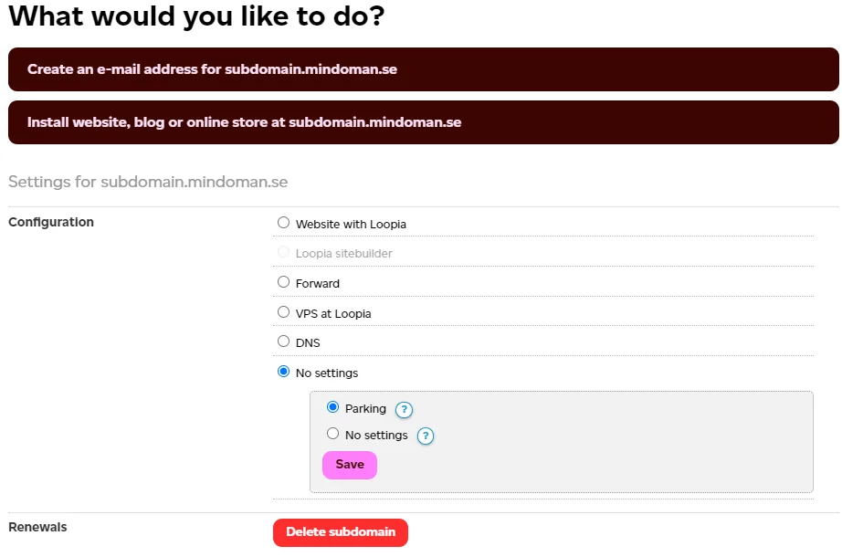 Inställningar för en subdomän i Loopia Kundzon