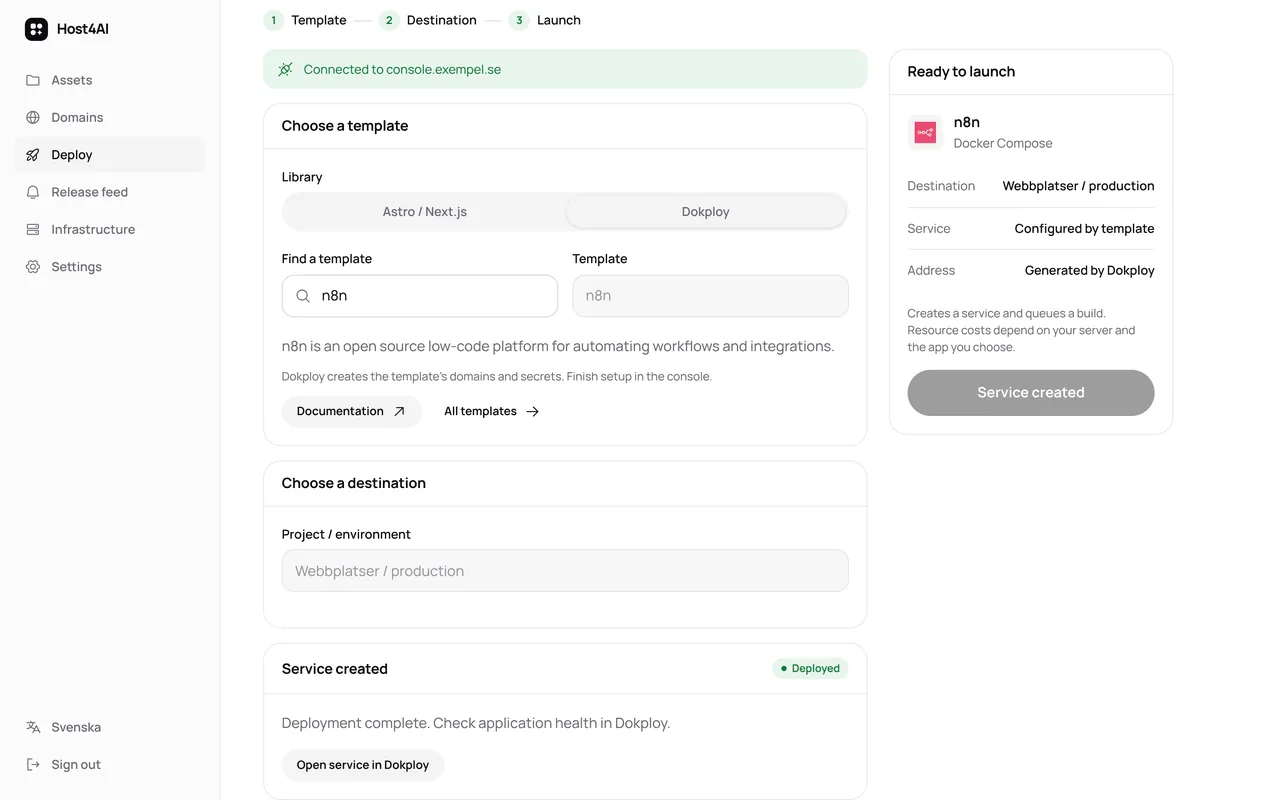The deploy view in the Host4AI workspace, example data