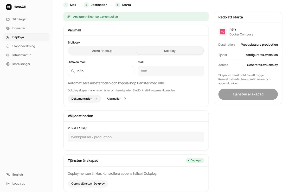 Deploy-vyn i Host4AI-arbetsytan, exempeldata